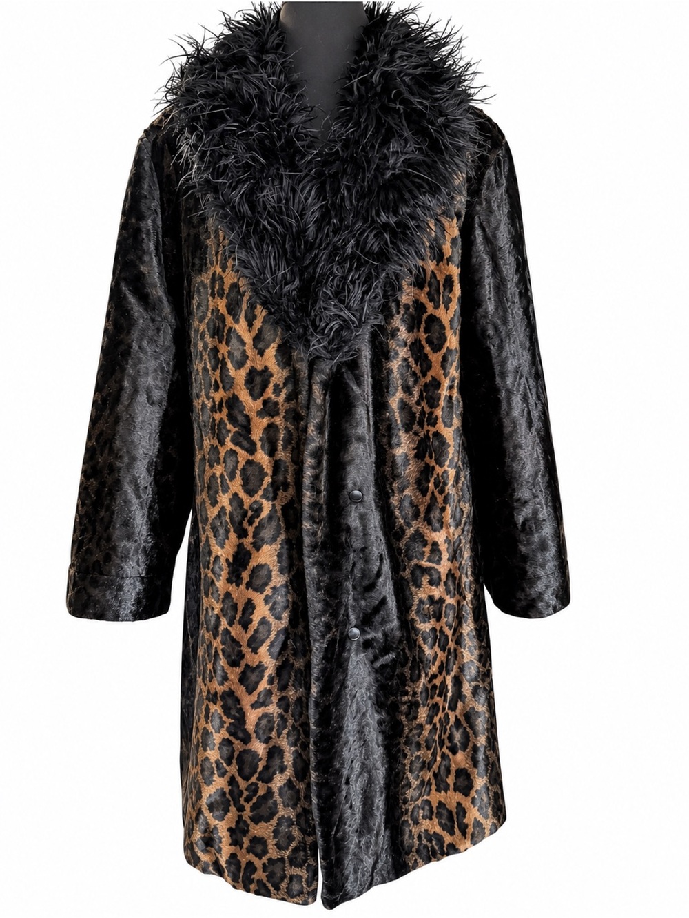 Vintage Maria Dionisiou Leopard Faux Fur Coat Feather Collar M Mobwife Statement